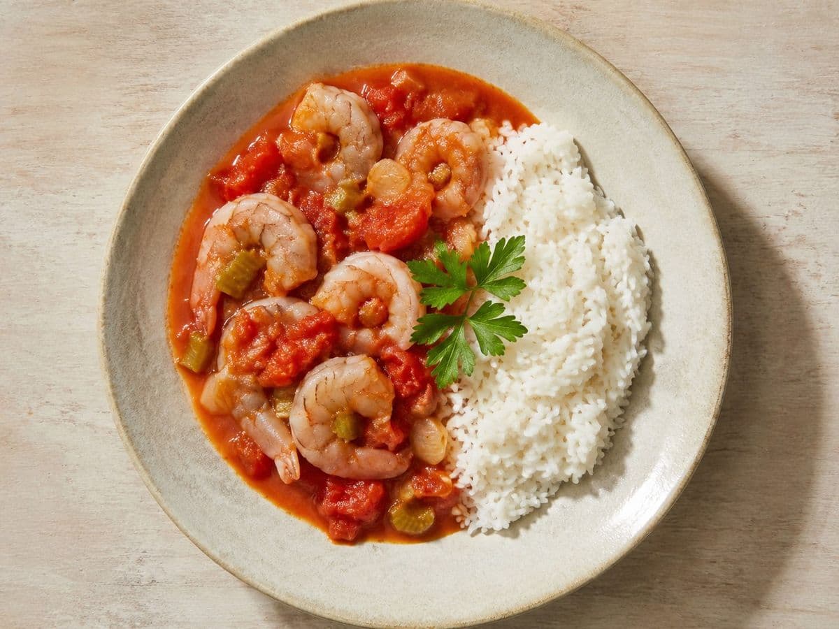 Prawn Creole, plated as one serving.